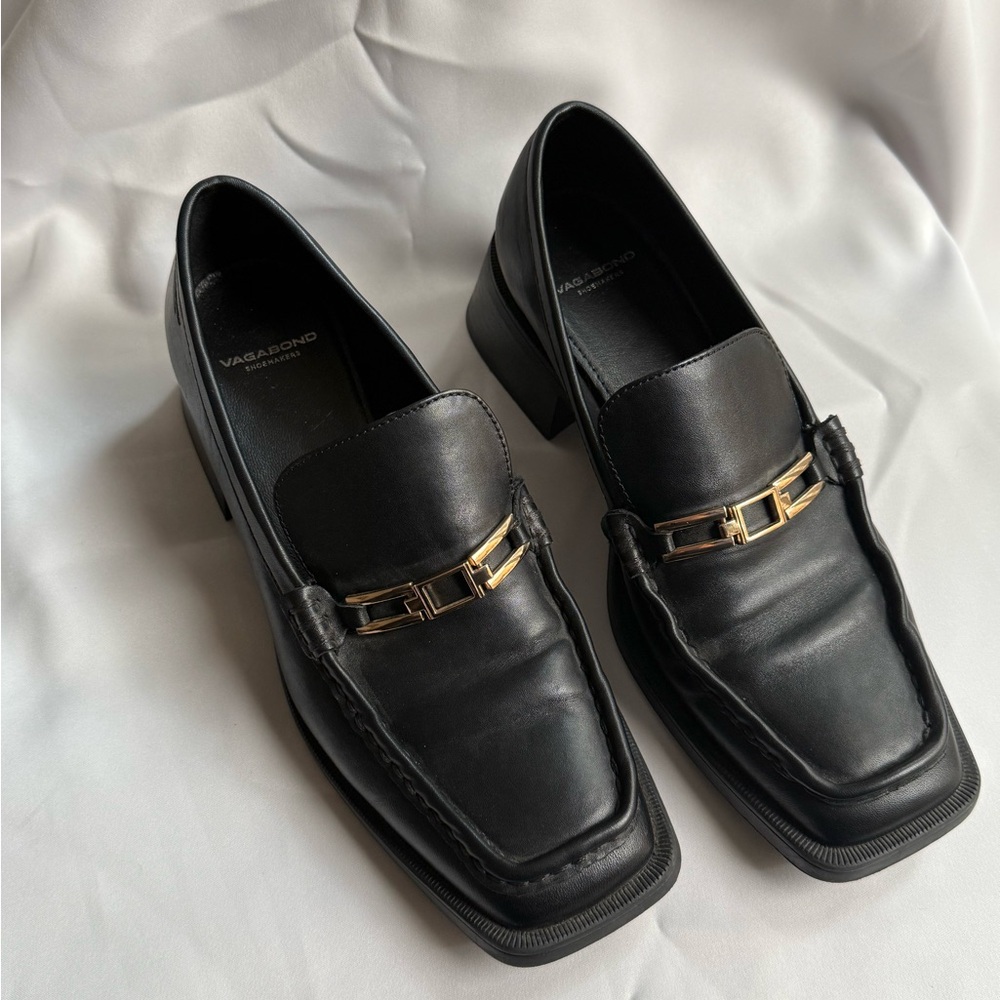 Vagabond Black Leather Loafers with Gold Accent